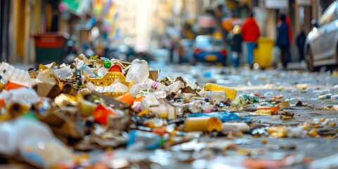 Image of a crowded street littered with garbage violating environmental regulations. Concept Urban Pollution, Environmental Degradation, Public Health Hazard, Illegal Dumping, City Cleanup