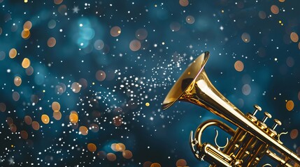 Trumpet: A golden trumpet stands against a deep blue background, with sparkling white stars scattered around it
