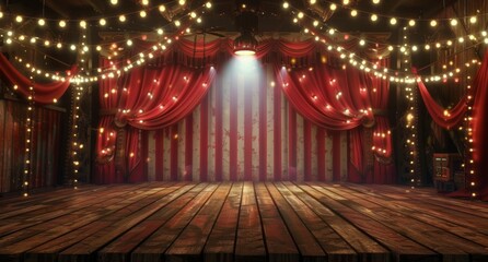 Empty Stage With Red And White Striped Curtains And String Lights