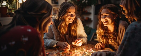 A group of female friends enjoying a cozy evening playing board games together, lit by warm and comforting ambient lighting.