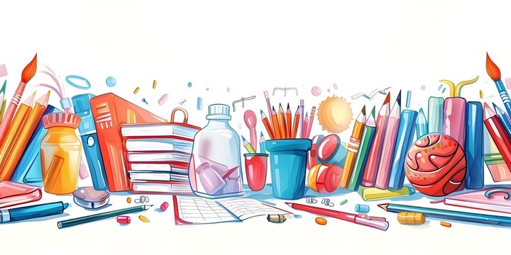 Cartoon school supplies border design on white background for backt. Concept Designing a cartoon school supplies border on white background for a notebook cover, - Powered by Adobe