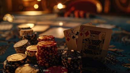 Fototapeta premium A table set up for a poker game with chips and cards, ideal for editorial use