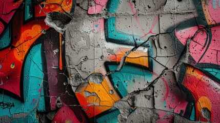 Colorful street art and graffiti on cracked concrete wall, vibrant urban artwork with bold shapes and vivid colors.