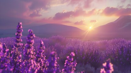 Obraz premium Blooming lavender in a field at sunset. Beautiful background