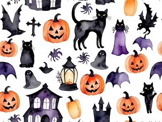 Fototapeta premium Spooky Halloween Decorations WATERCOLOR