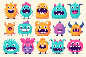 Obraz premium A cheerful collection of colorful cartoon monsters with various expressions and designs, perfect for kids' projects and playful illustrations.