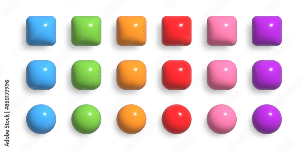 Poster colorful 3d buttons collection. ui ux design elements set. realistic glossy squared and rounded badg