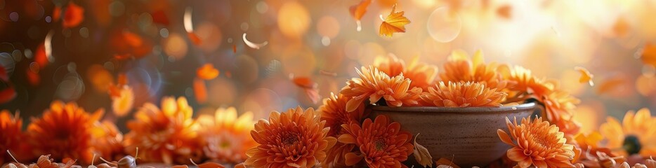 Orange Chrysanthemums Falling In Autumn Light