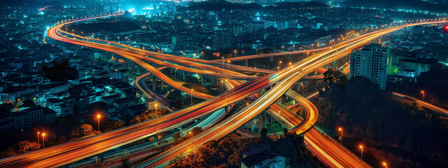 A vibrant aerial view of a bustling city at night with illuminated highways forming intricate patterns, showcasing urban life and dynamic movement