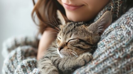 A young woman is hugging a cute tabby kitten. The kitten is sleeping soundly in her arms. The woman has a loving smile on her face. The photo is taken in a warm, cozy home.