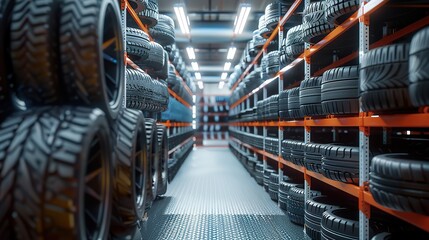 Fototapeta premium New tire is placed on the tire storage rack on warehouse, Car tires. copy space for text.
