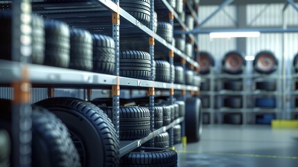 Naklejka premium New tire is placed on the tire storage rack on warehouse, Car tires. copy space for text.
