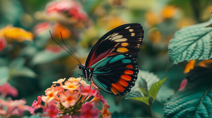 Obraz premium Vibrant Butterfly Resting on a Flower. The butterfly's wings display intricate patterns with shades of blue, black, and red, creating a stunning contrast against the flower's vivid colors. 