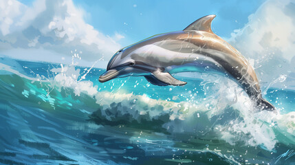 Fototapeta premium Playful Dolphin Leaping from the Ocean Waves. A detailed illustration depicting a playful dolphin jumping out of the ocean. The dolphin is captured mid-air with a splash of water around it, highlighti