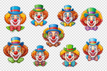 Collection Circus clown head. Set Circus clown head. Transparent background, Circus clown head design. Graphics vector illustration.