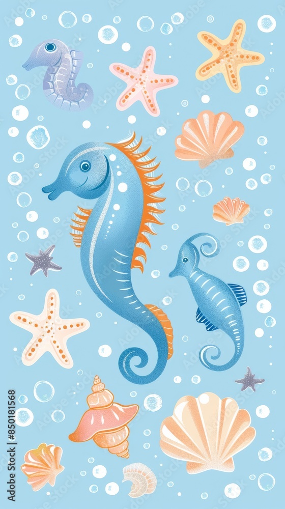 Sticker A blue and white towel with a seahorse and a starfish on it