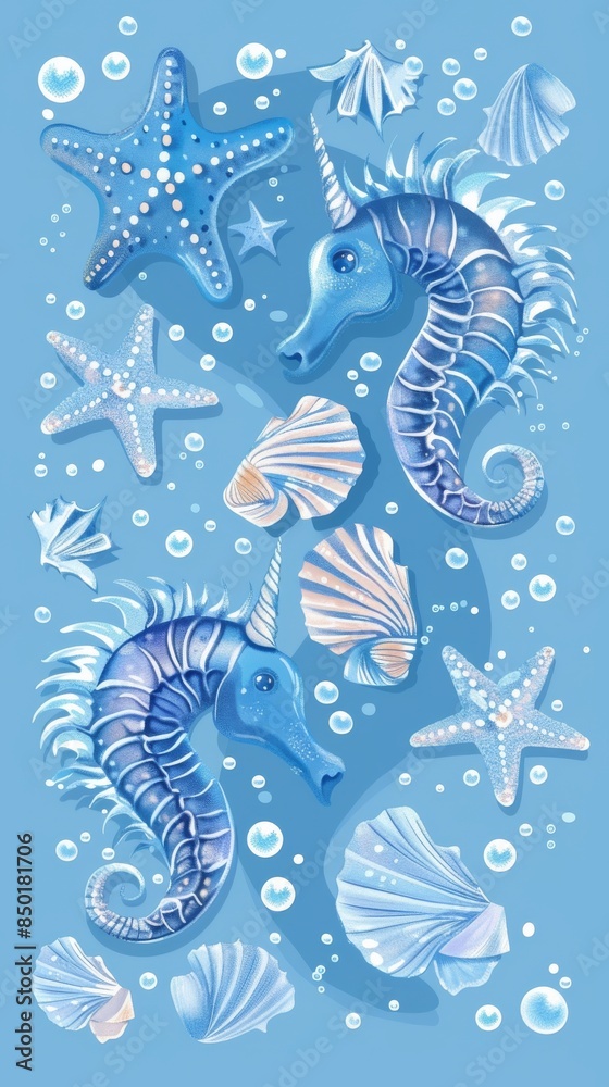 Sticker A blue and white towel with a seahorse and a starfish on it