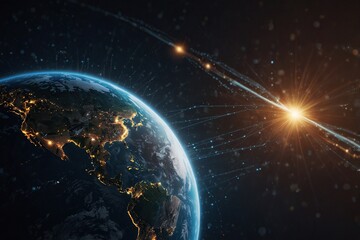 Obraz premium Communication technology for internet business. Global world network and telecommunication on earth cryptocurrency and blockchain and IoT