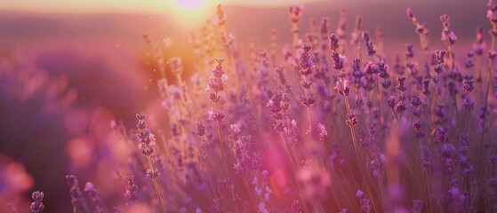 Blooming lavender in a field at sunset. Beautiful background