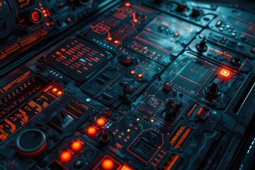 Fototapeta premium A close-up view of a control panel with red warning lights illuminated