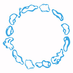 Round frame made of hand drawn curvy maculas (spots), seems like foam bubbles. Blue color. Isolated on white background (backdrop). Vector illustration.