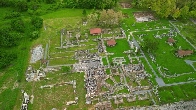 Drone view Ruins of Roman and early Byzantine city of Nikopolis ad Istrum. Archaeological reserve 'Nicopolis ad Istrum'. Veliko Tarnovo. Bulgaria.
