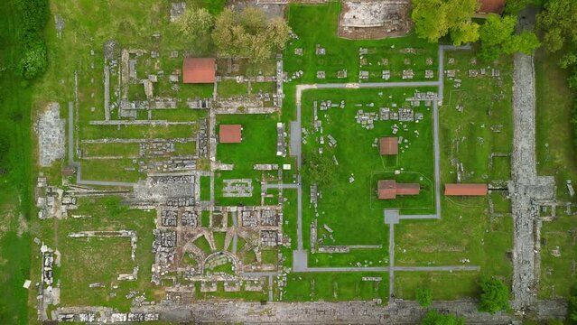 Drone view Ruins of Roman and early Byzantine city of Nikopolis ad Istrum. Archaeological reserve 'Nicopolis ad Istrum'. Veliko Tarnovo. Bulgaria.
