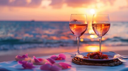Obraz premium Summer love. Romantic sunset dinner on the beach. Table honeymoon set for two with luxurious food, glasses of rose wine drinks in a restaurant with sea view. copy space for text.