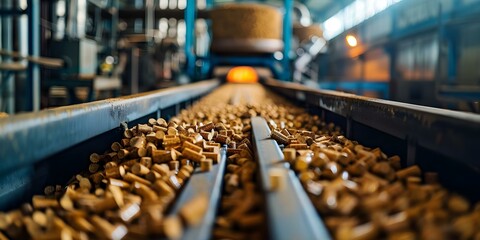 Fototapeta premium Wood pellet production at a biomass plant for biofuel generation. Concept Biomass Plant Operations, Renewable Energy Production, Wood Pellet Manufacturing, Biofuel Generation