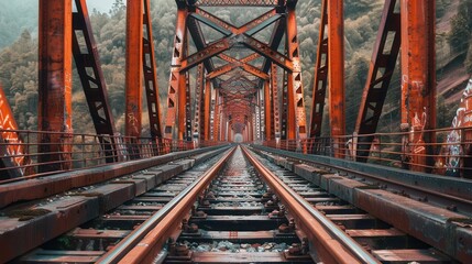 Fototapeta premium A rusty steel railway bridge stretches into the distance, with rugged mountains in the background, depicting a sense of travel and adventure.