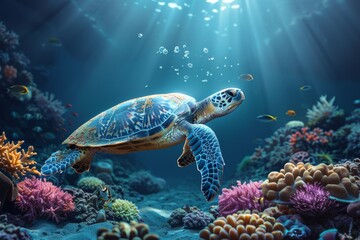 Obraz premium A turtle swimming in a coral reef with a variety of fish swimming around it