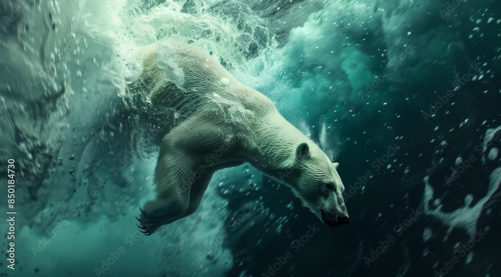 Wall mural a polar bear is swimming in the ocean