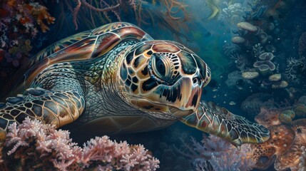 Fototapeta premium A beautiful sea turtle swims through a coral reef. The turtle is graceful and serene, and the reef is vibrant and colorful.