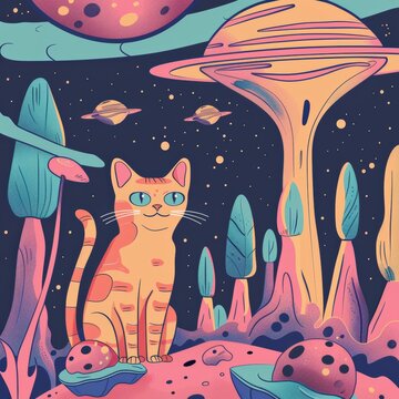 Whimsical illustration of a cat in a colorful alien landscape with planets, trees, and mushrooms under a starry sky.
