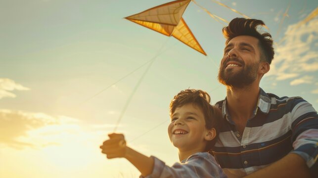 A father and his young son enjoying time together while flying a kite in the clear blue sky