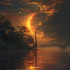 A large dinosaur is standing in front of a large red sun