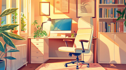 Computer desk, monitor, chair in room