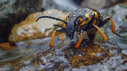A close-up of a black and yellow blister beetle on a rock in a stream.
