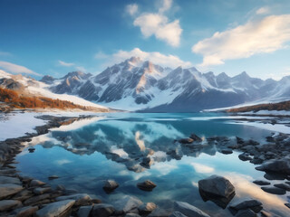 Fototapeta premium Serene Snowy Peaks and Crystal-Clear Lake View