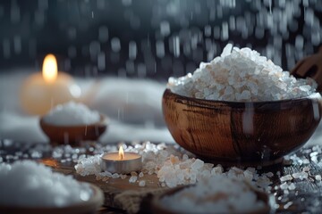 A bowl of sea salt placed beside candles, great for meditation or spa settings