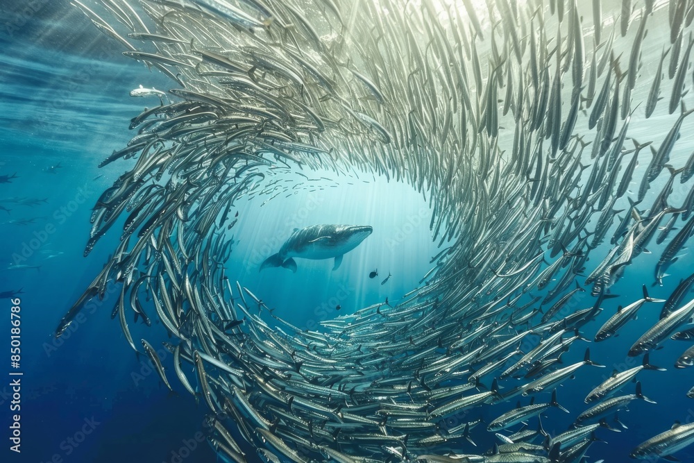 Canvas Prints A school of fish swimming in a circle around a whale