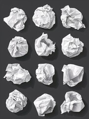 Naklejka premium Disregarded paper concepts discarded, separate collection of lifelike crumpled spheres; error or blunder on document, creased sheet or utilized pouch, recycled waste paper, wrinkled pattern.
