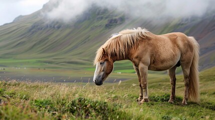 An Icelandic equine of the local breed grazing in a rural pasture.