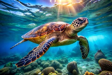 Fototapeta premium Green sea turtle swimming underwater in the ocean.AI GENERATED