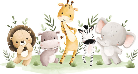 Watercolor Illuatration Cute Baby Safari Animals and Tropical Leaves © Stella