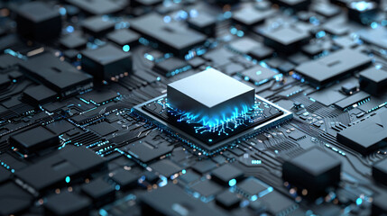 Abstract tech black background, futuristic neon texture blue light motherboard concept illustration