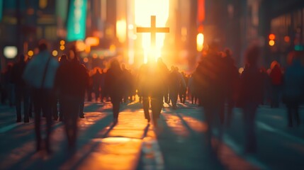 Fototapeta premium Christian cross silhouette in motion blur busy urban city