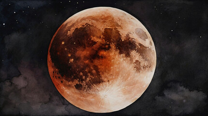 Naklejka premium Watercolor painting: A lunar eclipse casting a reddish hue on the moon, its eerie appearance and rare occurrence a fascinating celestial event,