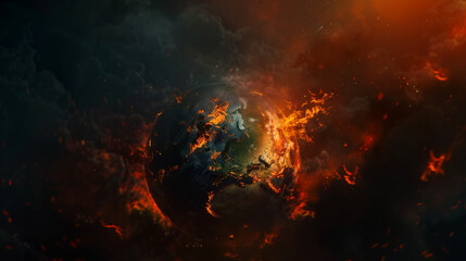 Obraz premium earth engulfed in flames with a dark smoky backdrop and intense fiery explosions