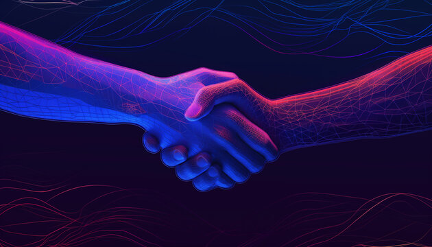 A handshake rendered in vibrant blue and pink neon, symbolizing cooperation, unity, and partnership, set against a dark, futuristic background